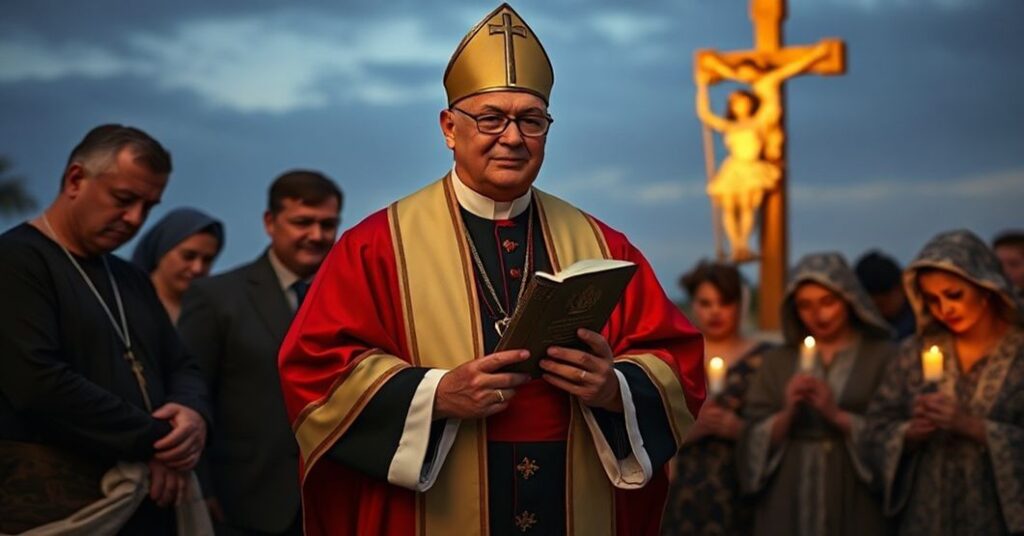 Sedevacantistyczny biskup w tradycyjnych szatach liturgicznych przed modlącymi się wiernymi na tle sceny po ataku w Bondi Beach