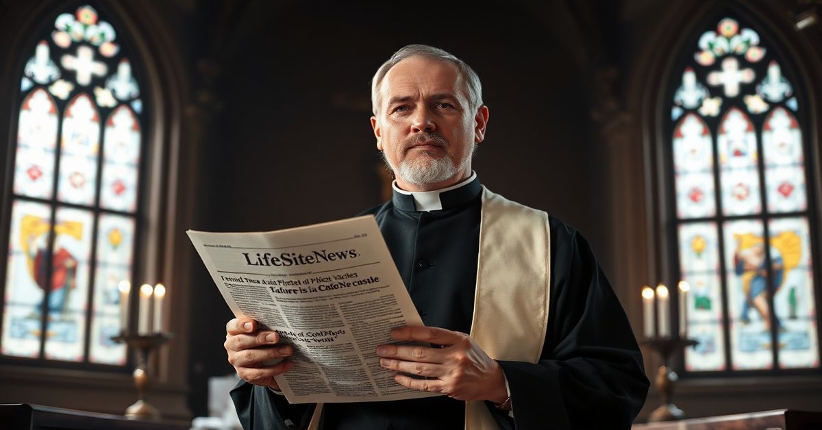 Portret tradycyjnie ubranego kleryka Sede Vacantista w kaplicy z witrażami trzymającego artykuł LifeSiteNews o porażce szczepionek Pfizer i BioNTech.