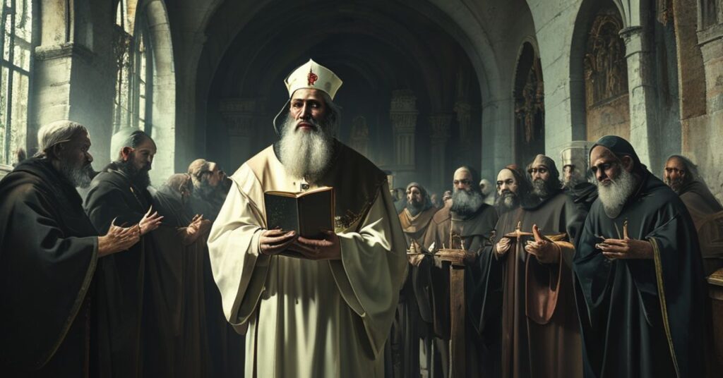 Sedevacantysta katolicki kapłan w tradycyjnych szatach liturgicznych stojący przed starym kościołem, patrzący z troskliwością na grupę ekumenistów promujących herezje.