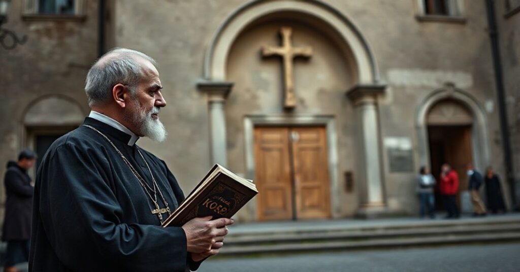 Sedevacantysta ksiądz stoi przed pralnią św. Franciszka w Parmie, wyrażając smutek z braku ewangelizacji w dzisiejszych inicjatywach charytatywnych
