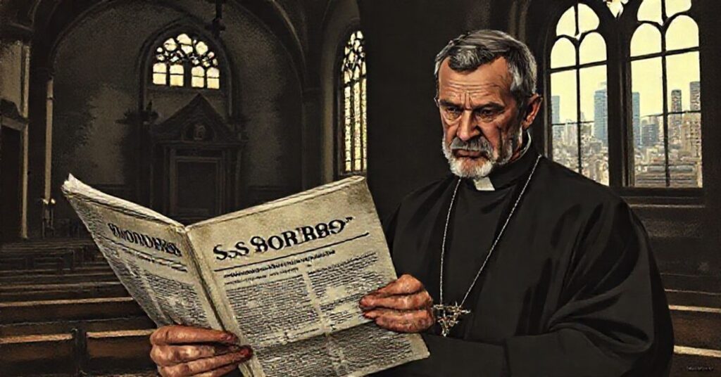 Sedevacantista ksiądz czytający artykuł o Soborze Watykańskim II, symbolizujący rację apostolską i apostazję nowożytnego Kościoła