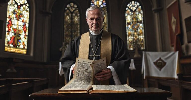 Sedevacantist priest w tradycyjnym ornaty przed ołtarzem z dokumentem "Sojusz Artykułu 18" na podłodze