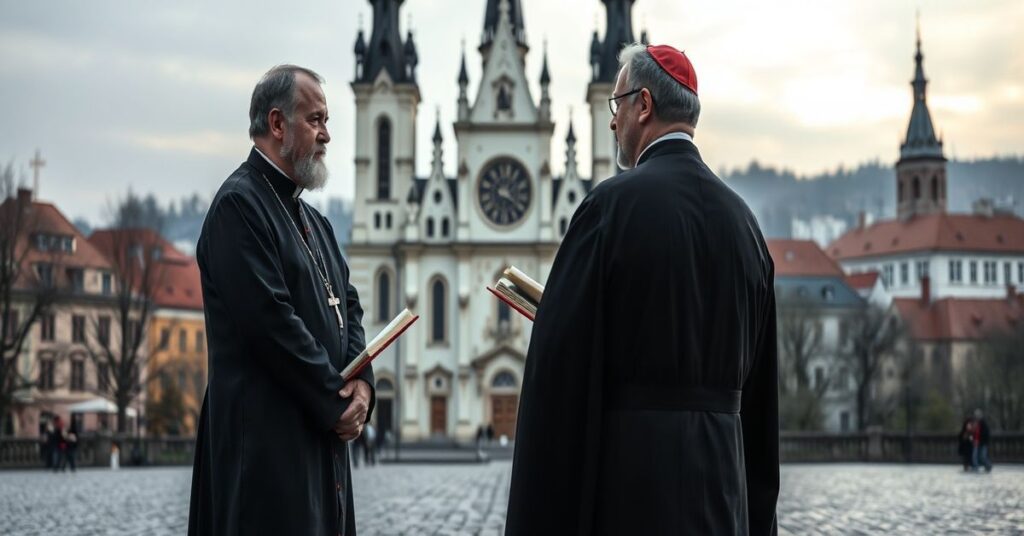 Ksiądz w tradycyjnym ornaty stoi przed katedrą w Płocku, protestując przeciwko ekumenizmowi z judaizmem talmudycznym