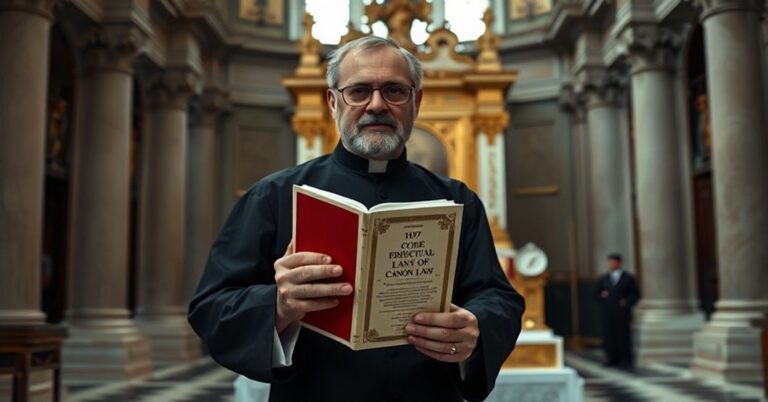 Sobieszcza postać księdza sedevacantisty w habitach przed pustym tronem papieskim w bazylice św. Piotra, wyrażającym poważne obawy na temat finansowych reform w Watykanie