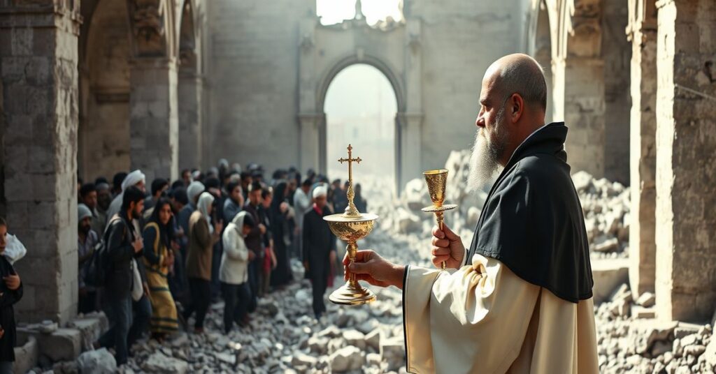 Sedevacantista w tradycyjnym ornacie stoi w ruinach gazyjskiego kościoła, trzymając monstrancję z Najświętszym Sakramentem wśród cierpiących cywilów.