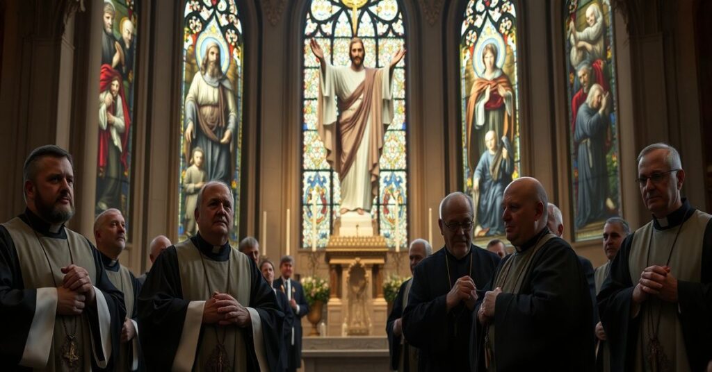 Grupa tradycyjnych katolickich kapłanów modląca się w ciemnym kościele przed posągiem Chrystusa Króla