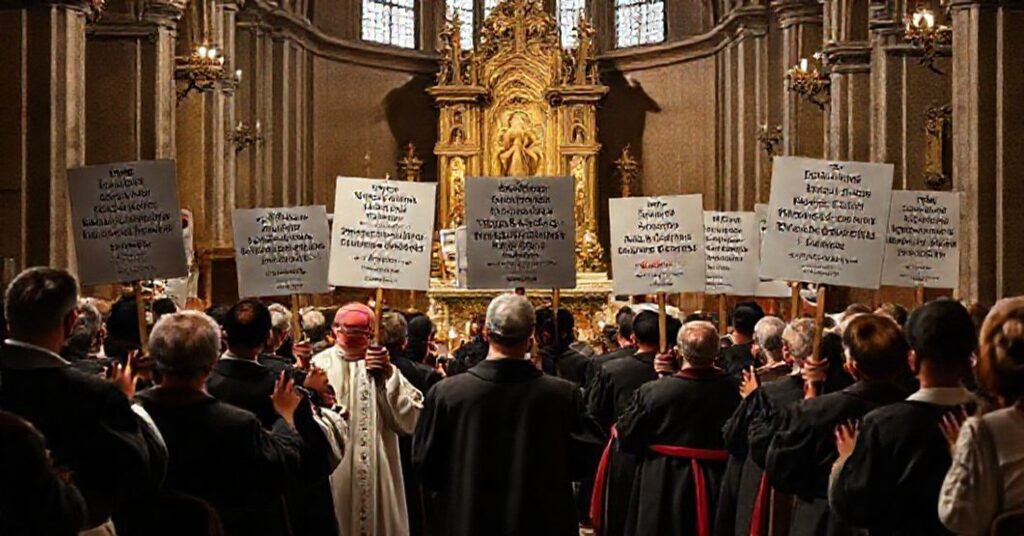 Zdjęcie przedstawiające tradycyjnych katolików protestujących przeciwko synodalnym eksperymentom nowomodnych heretyków w Kościele.
