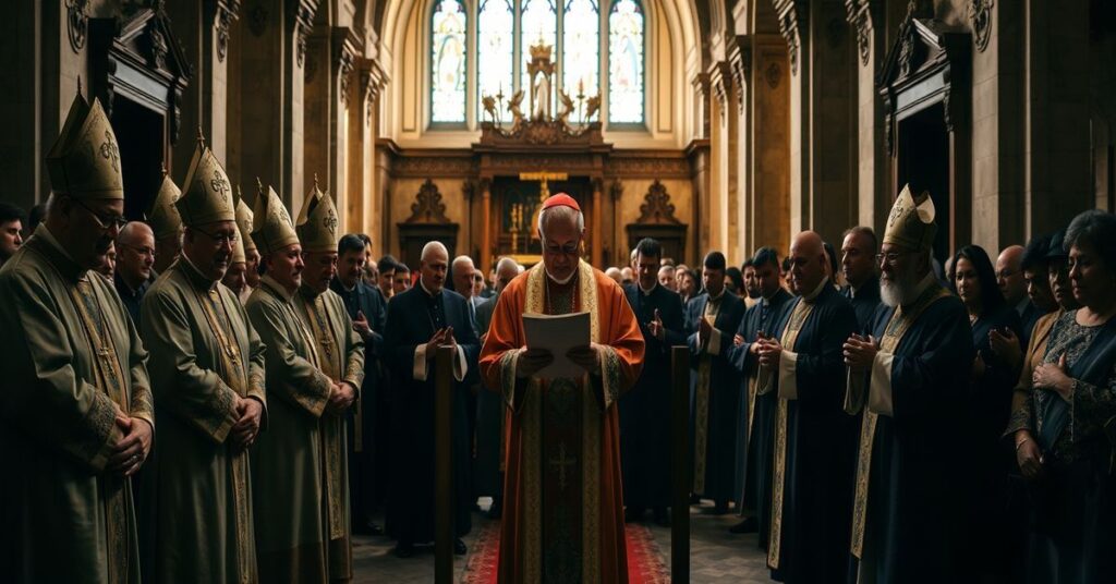 Grupa sedevacantistowskich biskupów w tradycyjnych strojach liturgicznych modli się w starym kościele na Kubie, podkreślając kryzys duchowy i potrzebę nawrócenia.