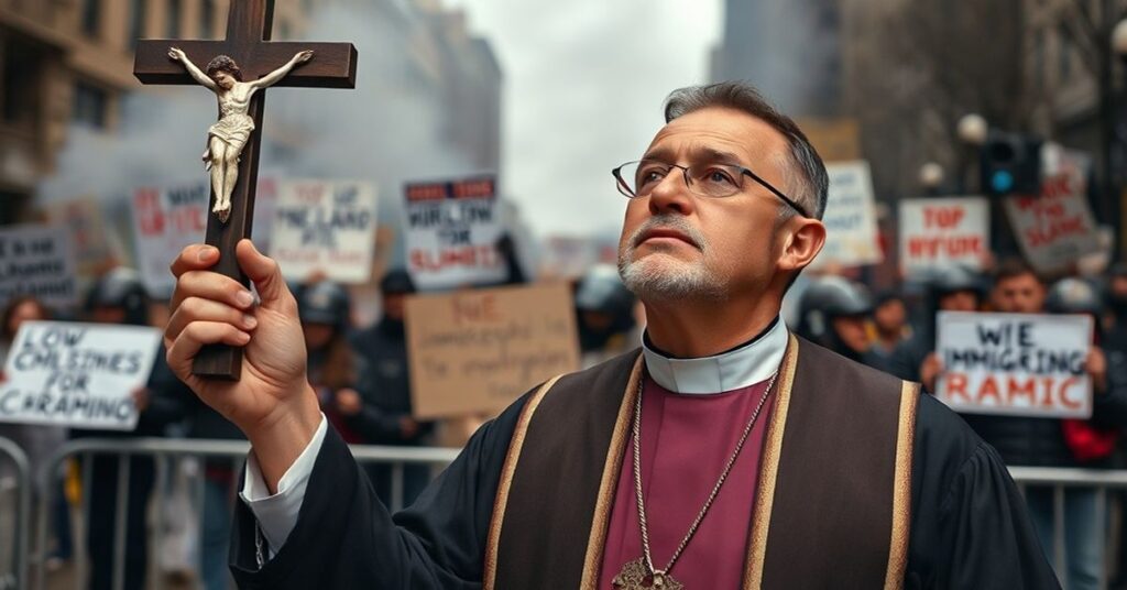 Sedevacantistowski ksiądz w tradycyjnych szatach liturgicznych stoi przed sceną protestów w Minneapolis, trzymając krzyż. Tło przedstawia barierki policyjne i gaz łzawiący. Wyrażenie twarzy księdza jest poważne, a jego wzrok skierowany ku górze, symbolizując boską władzę nad chaotycznym światem.