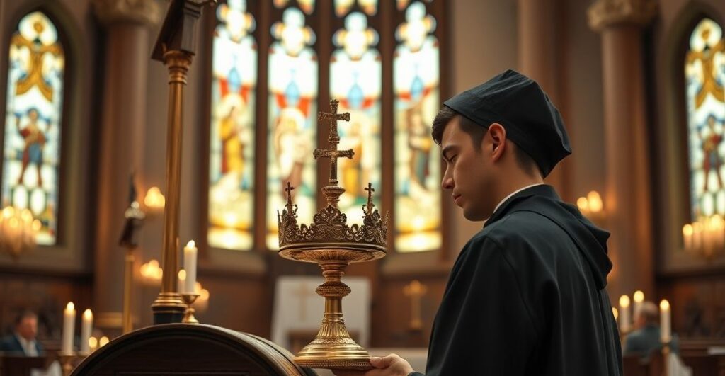 Duchown w tradycyjnym stroju trzymający monstrancję podczas adoracji eucharystycznej w kościele, scena religijna, katolicka, poważna, pełna skupienia i pobożności