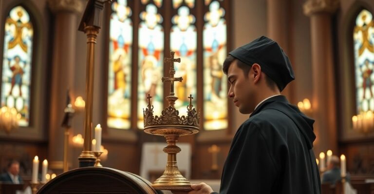 Duchown w tradycyjnym stroju trzymający monstrancję podczas adoracji eucharystycznej w kościele, scena religijna, katolicka, poważna, pełna skupienia i pobożności