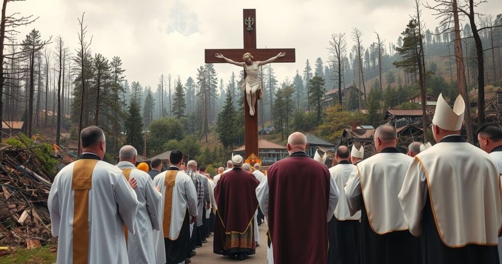 Rewers, kapłani w tradycyjnych szatach modlący się przed krzyżem w tle zniszczonych wiosek po katastrofach naturalnych, symbolizując wewnętrzny kryzys i potrzebę nawrócenia.