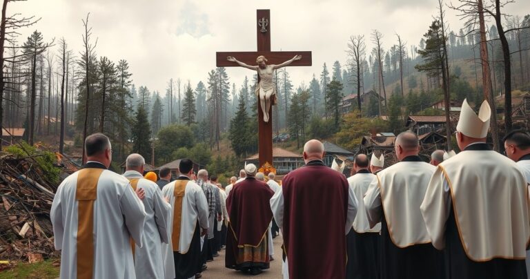 Rewers, kapłani w tradycyjnych szatach modlący się przed krzyżem w tle zniszczonych wiosek po katastrofach naturalnych, symbolizując wewnętrzny kryzys i potrzebę nawrócenia.