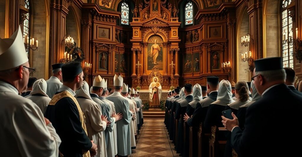 Sedevacantist Catholic clergy i wierni w tradycyjnym stroju podczas modlitwy w świątyni, wyraz głębokiej wiary i sprzeciwu wobec modernistycznych heretyków