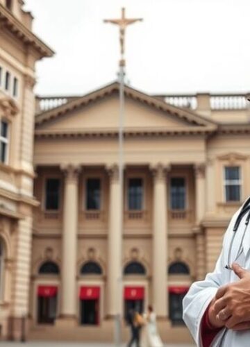 Sedevacantistyczny obraz katolickiego sprzeciwu wobec modernistycznych szpitali Catholic lekarz stojący przed historycznym katolickim szpitalem z krzyżem, wyrazem stanowczego sprzeciwu wobec modernistycznych prób kompromisów w obronie życia.