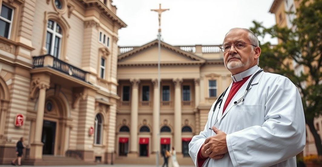 Catholic lekarz stojący przed historycznym katolickim szpitalem z krzyżem, wyrazem stanowczego sprzeciwu wobec modernistycznych prób kompromisów w obronie życia.