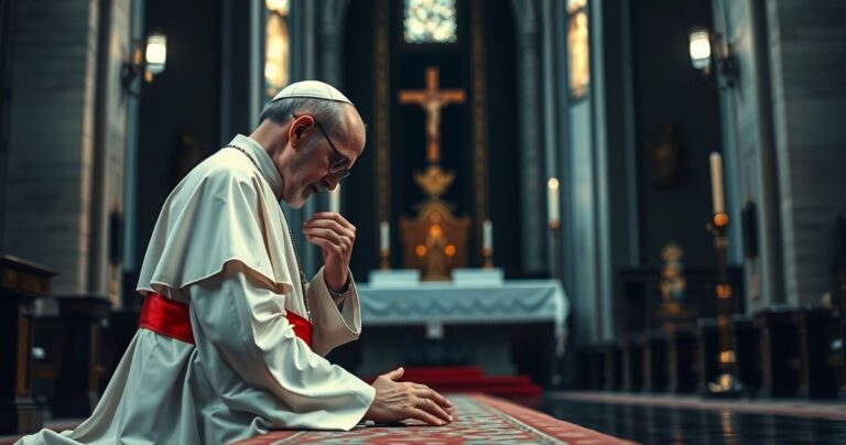 Rekolekcjonista w tradycyjnym stroju katolickim modli się w kościele, wyraz skupienia i krytyki wobec współczesnej zdrady wiary