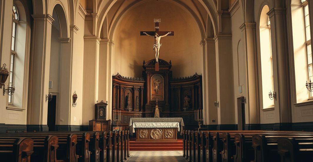 Sedevacantistyczny kościół katolicki z tradycyjnym ołtarzem i krucyfiksem, symbol prawdziwej wiary przeciwko modernistycznym deformacjom