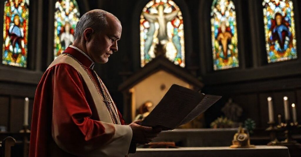 Ksiądz w tradycyjnych szatach kościelnych stoi przed szopką Bożego Narodzenia, czytając dokument z pusteń "życzeń świątecznych" Leona XIV.