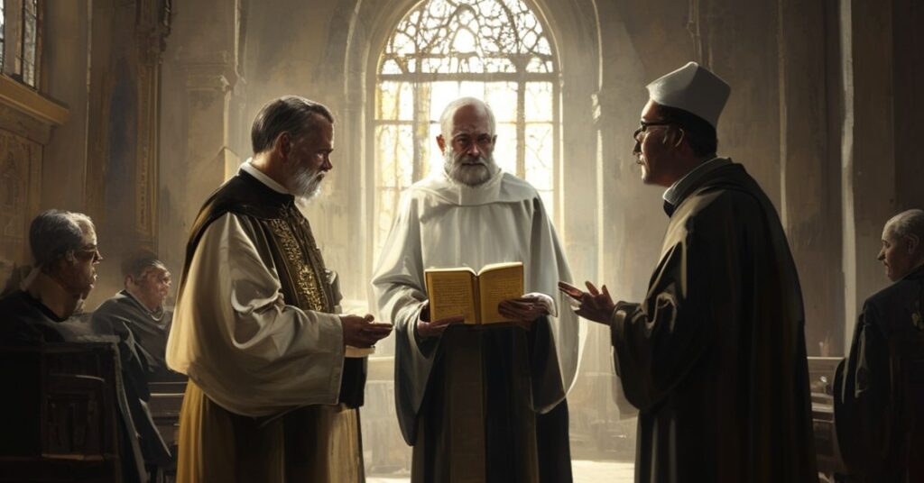 Sedevacantystyczny ksiądz w tradycyjnej szacie stojący przed ołtarzem z kopią encykliki Mortalium Animos przeciwstawia się modernistycznemu ekumenizmowi.