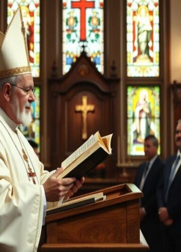 Kazanie Sedevacantystów w Monako - Obrona Prawdziwej Wiary Tradycyjny katolicki ksiądz sedevacantystów podczas kazania w Monako, otoczony wiernymi w historycznym kościele. Scena podkreśla prawdziwe nauki wiary i opór wobec współczesnych herezji.