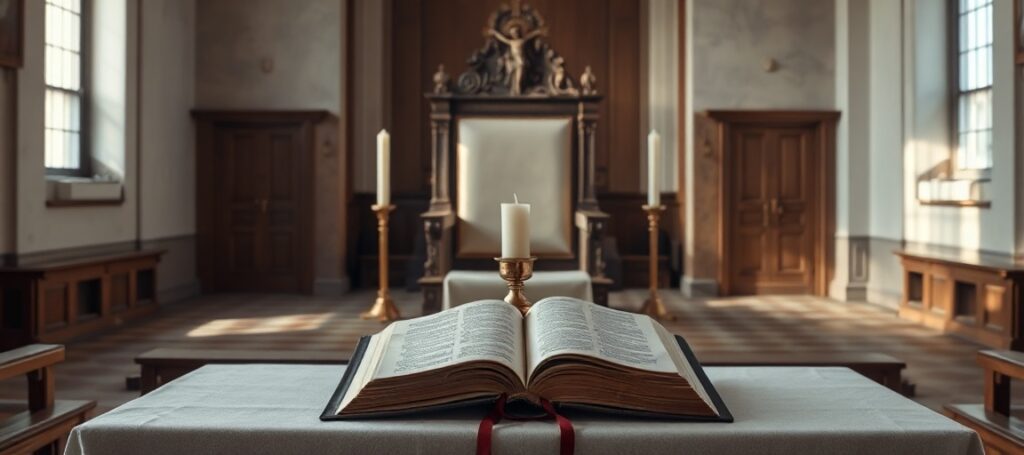 Pusty tron św. Piotra w tradycyjnym wnętrzu kościelnym symbolizujący sedevacantizm, otwarta Biblia na ołtarzu z krzyżem i świecą