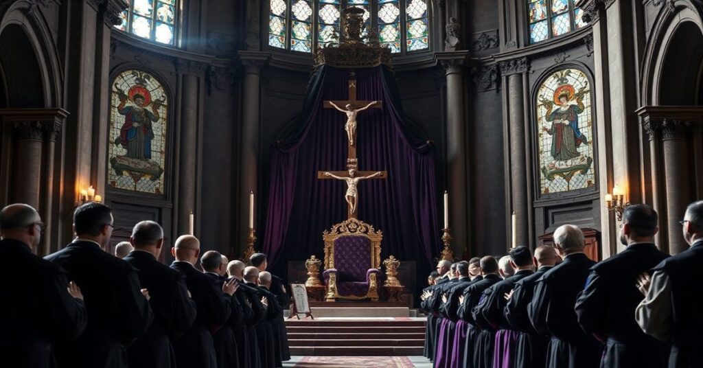 Pusty tron papieski w gotyckim kościele z kapłanami modlącymi się przed królewskim krzyżem