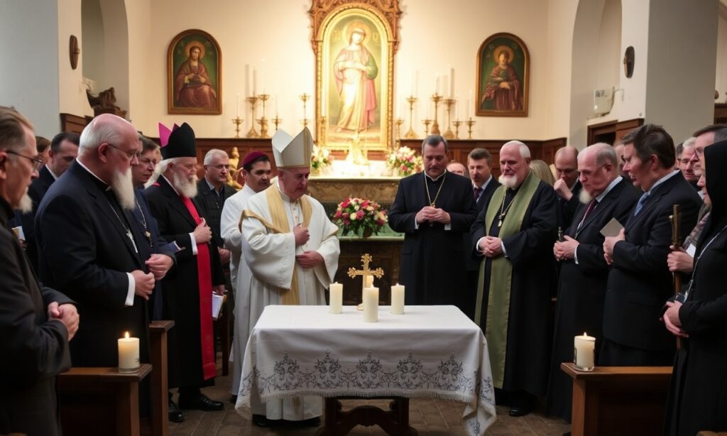 Grupa wiernych sedevacantystów w tradycyjnym kościele katolickim, z biskupem Georgiem Bätzingiem i kardynałem Reinhardem Marxem trzymającymi kontrowersyjny niemiecki przewodnik po błogosławieństwach dla związków nieregularnych.