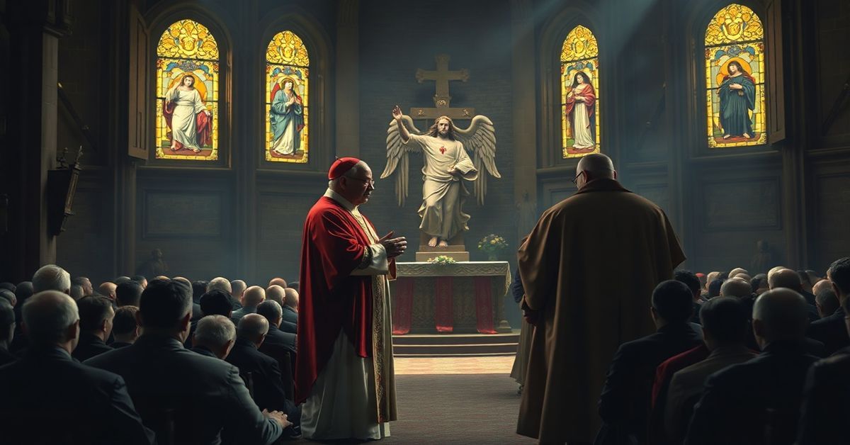 Ciemny wnętrze tradycyjnego kościoła katolickiego z modlącej się kongregacją i biskupem sedevacantystów przed krzyżem i posągiem Serca Jezusowego