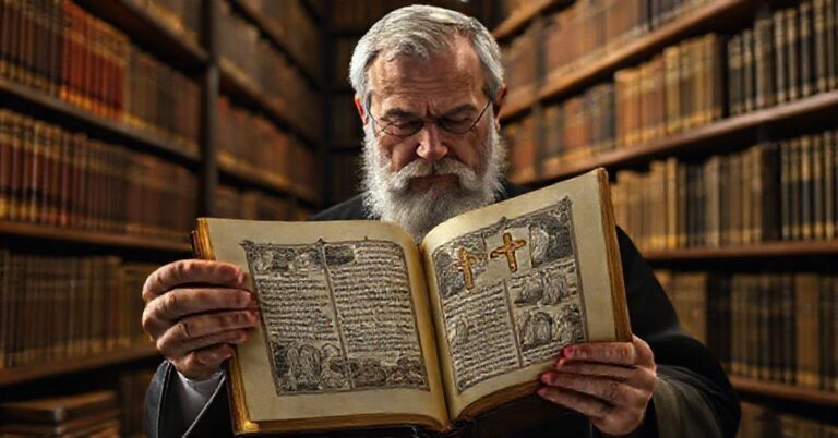 Tradycyjnie ubrany sedevacantysta badając heretycki rękopis w Bibliotece Watykańskiej