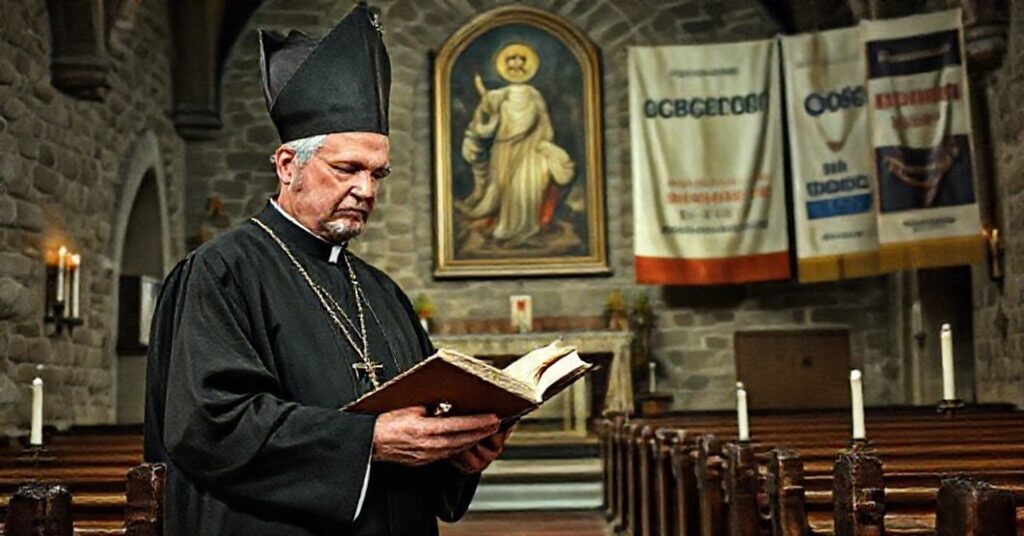 Tradycyjnie ubrany sedevacantysta biskup czytający brewiarz w opuszczonym kościele z antykatolickimi symbolami