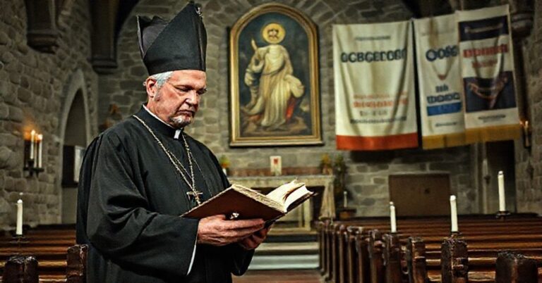 Tradycyjnie ubrany sedevacantysta biskup czytający brewiarz w opuszczonym kościele z antykatolickimi symbolami