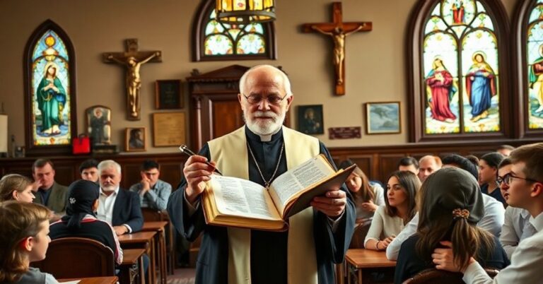Stara klasa szkolna z tradycyjnymi katolickimi symbolami religijnymi i sedevacantystą kapłanem uczy młodzież o prawdziwej katolicyzmie przeciwko modernistycznym herezjom