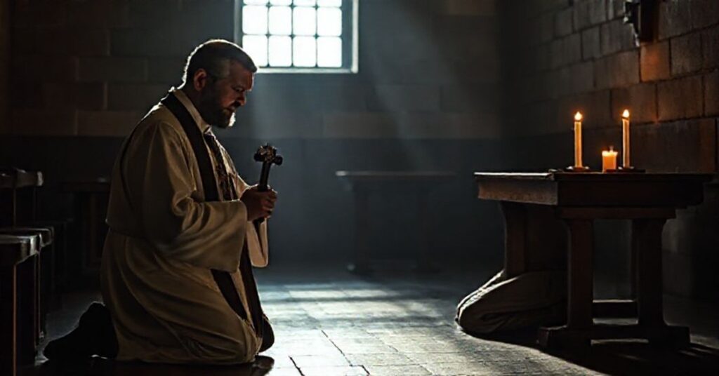 Sedevacantysta kapłan przyjmuje spowiedź w więzieniu w tradycyjnym kapłańskim stroju przy świecach