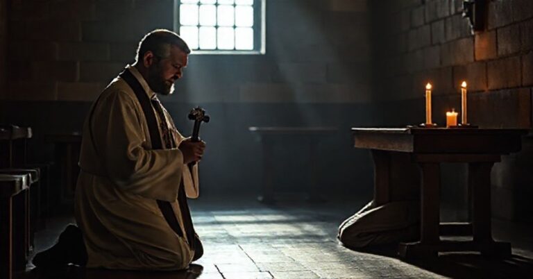 Sedevacantysta kapłan przyjmuje spowiedź w więzieniu w tradycyjnym kapłańskim stroju przy świecach