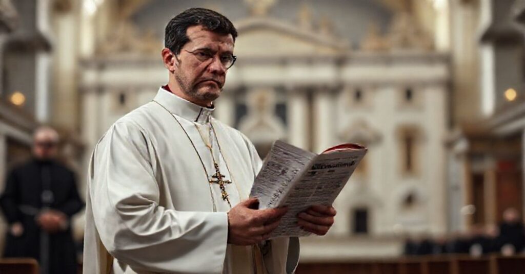 Sedevacantysta kapłan w tradycyjnych szatach liturgicznych przed zamkniętym prezbiterium z niezadowoloną twarzą trzymając kopię raportu Vatican News. Na tle zamglony obraz Watykanu z elementami architektury modernistycznej. Scena jest oświetlona cichym i poważnym świetłem.