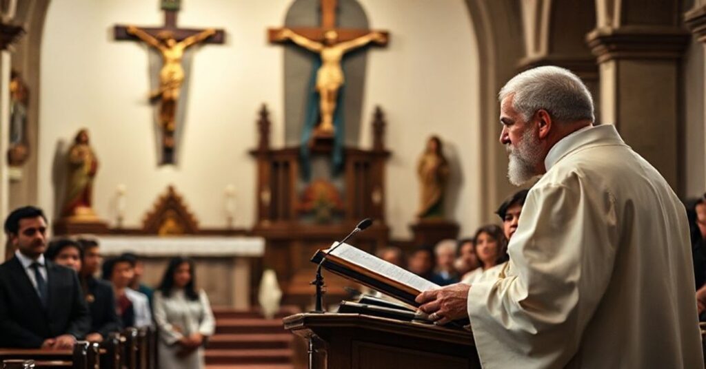 Przedstawienie tradycyjnej mszy katolickiej z sedevacantystą kładącym nacisk na nielegalną imigrację i program DACA.