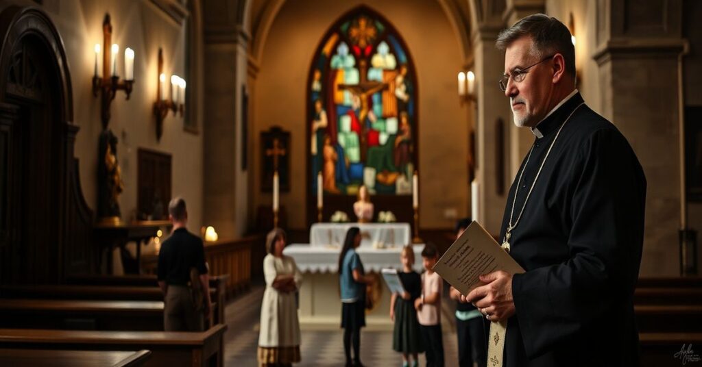 Sedevacantysta książ w sutannie w starożytnej katedrze, patrzący z niepokojem na nowoczesną kaplicę gdzie diakon Mark Paine uczy dzieci autystycznych przy pomocy kontrowersyjnych materiałów katechetycznych.