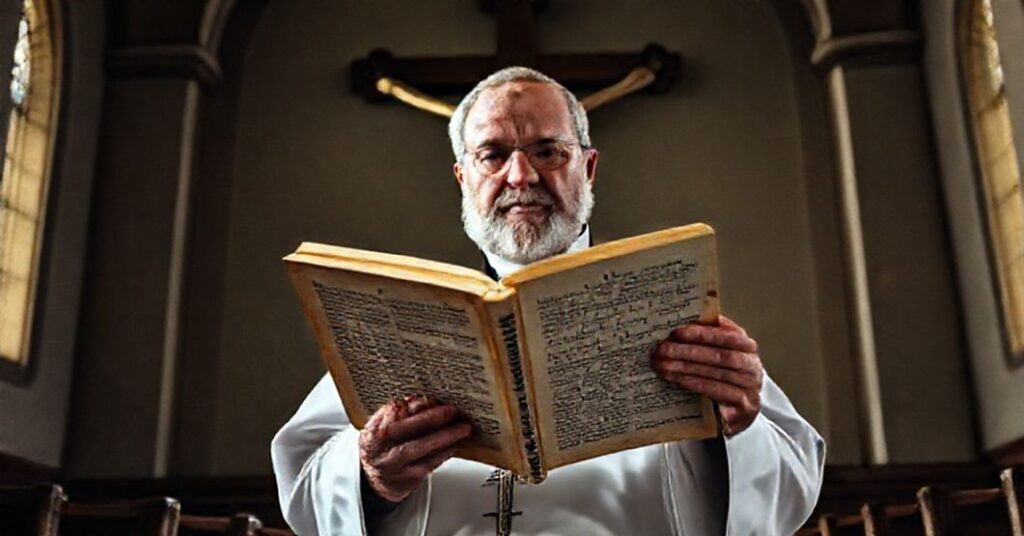 Sedevacantysta ksiądz w tradycyjnym stroju kościelnym trzyma kopię Pascendi Piusa X, czytając komunikat modernistyczny Leszka Gęślaka SJ.