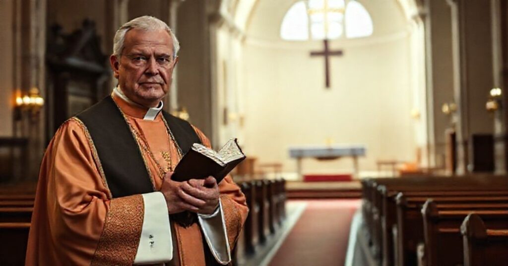 Sedevacantysta ksiądz w ornaty przed zamkniętym tabernakulum w tradycyjnym kościele