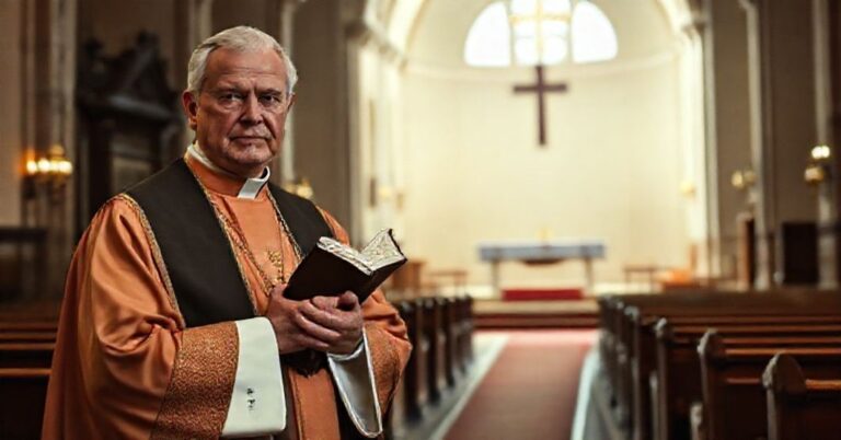 Sedevacantysta ksiądz w ornaty przed zamkniętym tabernakulum w tradycyjnym kościele