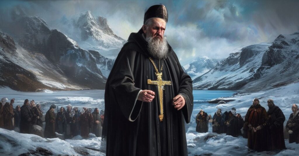 Sedevacantysta księd stoi w pokornym ufnie w ładnym krajobrazie Grenlandii, trzymając krzyż i symbolizując opór wobec nowoczesnego relatywizmu.