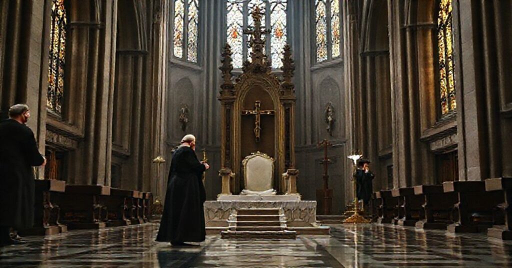 Sedevacantysta kapłan modli się przed pustym tronem w katedrze na Wawelu w Krakowie, symbolizującym wakujący stół. Modernista Grzegorz Ryś stoi w tle obok złamanego krzyża.