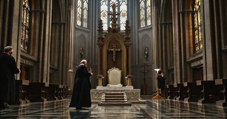 Sedevacantysta kapłan modli się przed pustym tronem w katedrze na Wawelu w Krakowie, symbolizującym wakujący stół. Modernista Grzegorz Ryś stoi w tle obok złamanego krzyża.