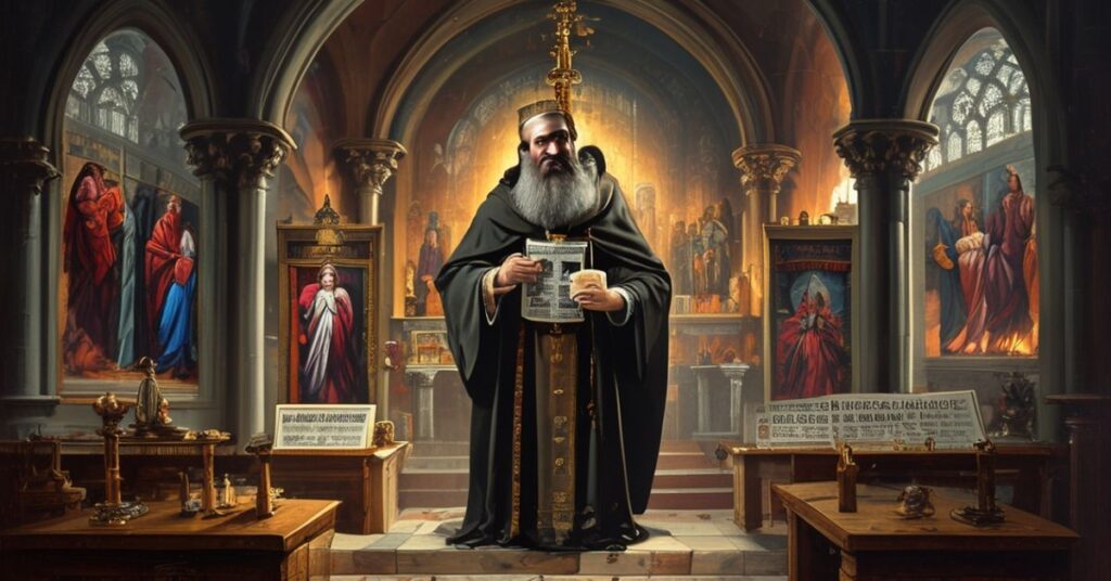 Sedevacantysta ksiądz w tradycyjnych ornatach stoi przed ołtarzem z krzyżem i obrazami Najświętszego Serca Jezusa i Niepokalanego Serca Maryi, wyrażając smutek i troskę w obliczu nowoczesnych herezji.