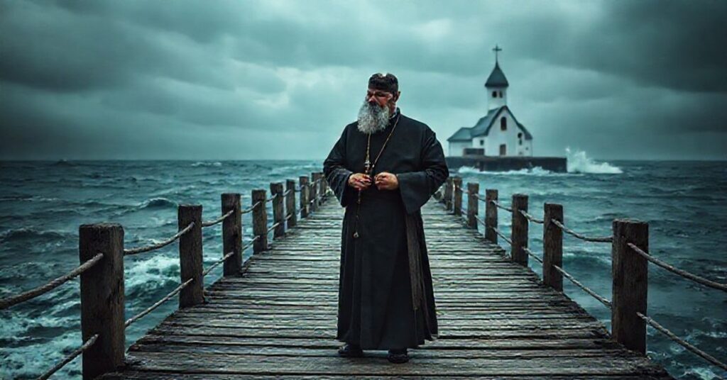 Tradycyjny kapłan sedevacantystyczny stojący na molo przy burzliwym morzu z różańcem w ręku