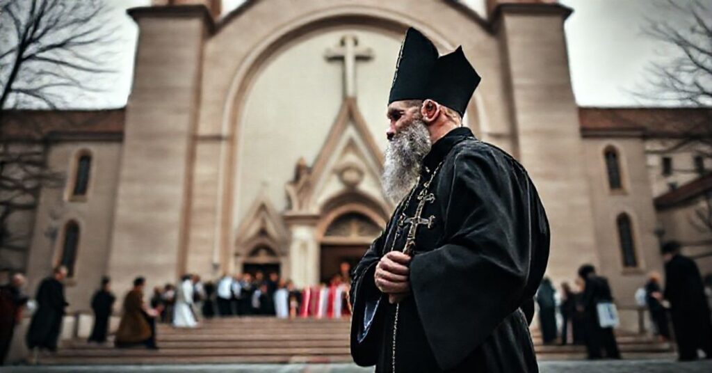 Sedevacantystyczny katolik przed katedrą Ducha św. w Stambule - symbolizuje odrzucenie ekumenizmu