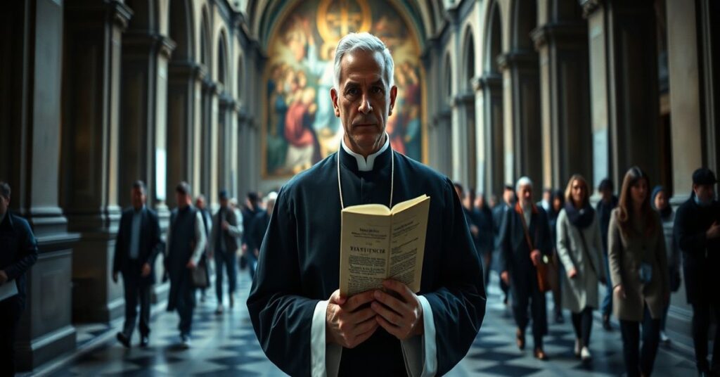 Tradycyjnie ubrany kleryk sedevacantystyczny w starożytnej francuskiej katedrze z encykliką Piusa IX.