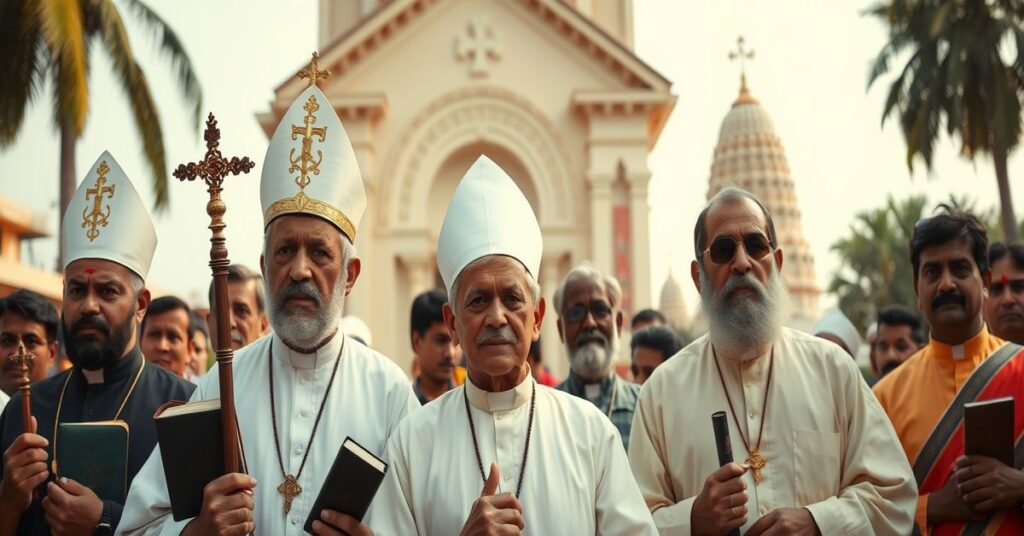 Grupa sedevacantystów protestujących przed kościołem katolickim w Indiach przeciwko herezji modernistycznej