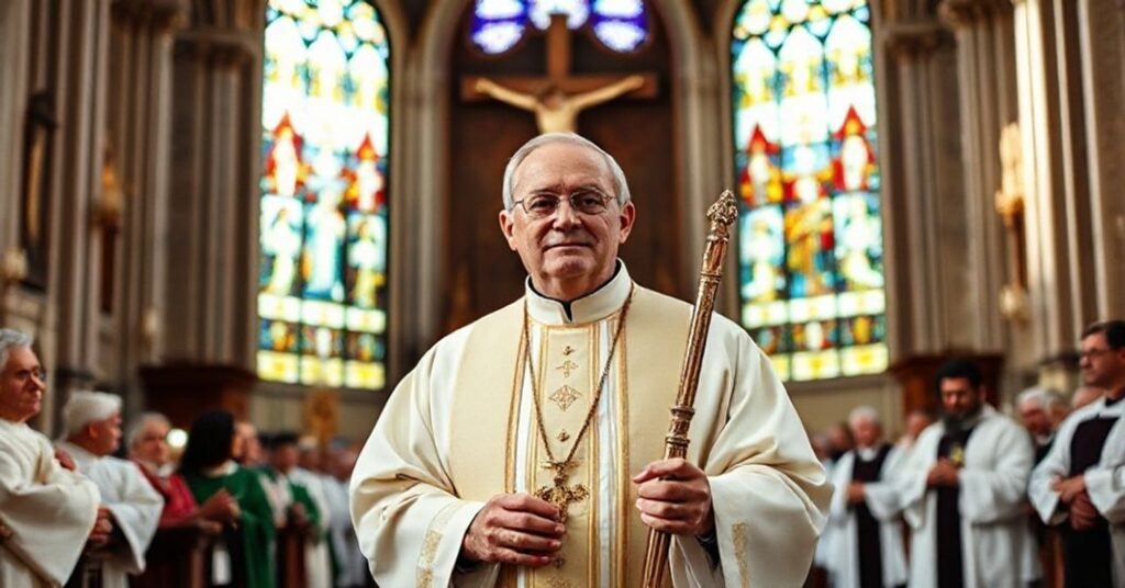 Sedevacantystyczny katolicki biskup w tradycyjnych szatach liturgicznych podczas uroczystości w katedrze